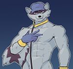  2022 abs anthro big_muscles blue_background clothing collar fur gloves handwear hat headgear headwear hi_res jrjresq leash looking_at_viewer male mammal muscular muscular_anthro muscular_male navel nude pecs procyonid raccoon simple_background sly_cooper sly_cooper_(series) smile solo sony_corporation sony_interactive_entertainment sucker_punch_productions teeth tuft video_games 