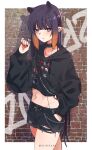  1girl absurdres bangs black_choker black_hoodie black_shorts blunt_bangs brick_wall choker closed_mouth cowboy_shot cropped_hoodie ear_piercing earphones hand_in_pocket highres holding holding_earphones hololive hololive_english hood hoodie keisea long_hair long_sleeves looking_at_viewer midriff multicolored_hair navel ninomae_ina&#039;nis orange_hair piercing pointy_ears purple_hair short_shorts shorts solo standing very_long_hair virtual_youtuber 