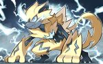  all_fours blue_eyes blue_pupils claws commentary_request electricity fang fang_out full_body hyou_(hyouga617) parted_lips pokemon pokemon_(creature) solo yellow_fur zeraora 
