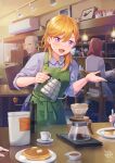  1boy 2girls apron artist_logo coffee food highres hiroki_ree kettle love_live! love_live!_school_idol_project love_live!_superstar!! multiple_girls nishikino_maki old old_man open_mouth orange_hair pancake pouring purple_eyes red_hair shibuya_kanon steam 