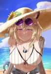 1girl :3 animal_ears arknights asunoyousu beach breasts collarbone eyewear_on_head fang fang_out flower hair_ornament hairclip hat highres large_breasts looking_at_viewer navel ocean pov purple_eyes skin_fang smug straw_hat sunflower sunglasses sweat tail upper_body utage_(arknights) utage_(summer_flowers)_(arknights) x_hair_ornament 