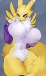  3_fingers anthro armwear bandai_namco black_sclera blue_eyes breast_squish breasts canid clothing digimon digimon_(species) featureless_breasts featureless_crotch female fingers fur fur_tuft hi_res kadomarco mammal multicolored_ears purple_armwear purple_clothing renamon solo squish thigh_gap tuft two_tone_ears white_body white_ears white_fur yellow_body yellow_ears yellow_fur 