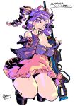  1girl 30-30_repeater apex_legends blush breasts cleavage collarbone commission floating_hair frilled_shirt frills gun high-waist_skirt holding holding_gun holding_weapon indie_virtual_youtuber jacket medium_breasts mole mole_under_eye off_shoulder open_mouth pink_skirt purple_jacket purple_shirt rifle rolan-ce shirt skeb_commission skirt solo squatting twintails virtual_youtuber weapon white_background yuafilia_channeri_iv 