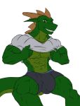 abs anthro back_spikes biceps big_bulge big_muscles bulge clothed clothing clothing_lift genital_outline hi_res lizard male muscular muscular_male penis_outline reptile saruuk scalie shirt smile solo spikes spikes_(anatomy) t-shirt tight_clothing tight_shirt tight_topwear topwear underwear 