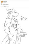  2020 abs anthro back_spikes balls biceps big_balls big_muscles big_penis curious_cat genitals green_body green_scales greyscale hi_res lizard male measuring monochrome muscular muscular_male penis reptile saruuk scales scalie sketch solo spiked_tail spikes spikes_(anatomy) 