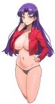  1girl absurdres breasts cropped_jacket earrings highres jacket jewelry katsuragi_misato kiritzugu long_hair looking_at_viewer navel neon_genesis_evangelion open_clothes open_jacket panties purple_hair red_jacket simple_background smile solo underwear white_background 