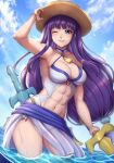  1girl abs altina_(fire_emblem) arm_up blue_eyes blue_one-piece_swimsuit blue_sky breasts cleavage cloud collarbone cowboy_shot evomanaphy fire_emblem fire_emblem:_radiant_dawn fire_emblem_heroes grin hand_on_headwear hat highres holding huge_weapon inflatable_sword inflatable_toy large_breasts long_hair looking_at_viewer muscular muscular_female navel official_alternate_costume one-piece_swimsuit one_eye_closed partially_submerged ponytail purple_hair sky smile solo straw_hat sun_hat swimsuit very_long_hair water weapon 