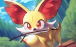  blurry cloud commentary_request day fangs fangs_out fennekin grass mouth_hold naoki_eguchi no_humans outdoors pokemon pokemon_(creature) sky solo standing stick 