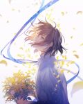  1boy axis_powers_hetalia blue_ribbon bouquet brown_hair collared_shirt falling_petals floating_hair flower green_eyes highres holding holding_bouquet leaf lithuania_(hetalia) long_sleeves looking_at_viewer looking_back male_focus medium_hair petals ribbon shirt solo vvvrsi3636 white_background white_flower white_shirt yellow_flower 