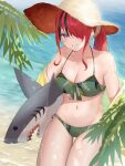  1girl bandeau bare_shoulders beach bikini black_hair breasts cleavage commentary_request cowboy_shot earrings green_bikini groin hat highres jewelry lain_paterson large_breasts long_hair multicolored_hair navel nijisanji ocean off_shoulder outdoors ponytail purple_eyes red_hair satchi_(sattytabunnhenn) solo standing stomach streaked_hair stuffed_animal stuffed_shark stuffed_toy sun_hat swimsuit thighs water 