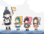  4girls ahoge black_hair black_sailor_collar black_skirt blue_hair blue_skirt closed_eyes flag fukae_(kancolle) green_jacket green_skirt grin hood ishigaki_(kancolle) jacket kantai_collection kurahashi_(kancolle) long_hair long_sleeves machinery multiple_girls pleated_skirt puffy_short_sleeves puffy_sleeves red_skirt saiguchi_otoufu sailor_collar sailor_shirt school_uniform serafuku shirt short_hair short_sleeves sidelocks skirt smile standing standing_on_liquid ushio_(kancolle) white_shirt 