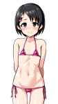  1girl arms_behind_back ass_visible_through_thighs bangs bikini black_eyes black_hair blush bunny_hair_ornament child collarbone cowboy_shot flat_chest hair_ornament hairclip heart heart_hair_ornament idolmaster idolmaster_cinderella_girls looking_at_viewer micro_bikini navel pink_bikini riking sasaki_chie short_hair smile solo stomach string_bikini swimsuit thighs white_background 