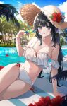  1girl :q arm_garter arm_support bikini black_hair blue_sky blush breasts cleavage contrail flower food frilled_bikini frills hat hat_flower hibiscus highres holding holding_food leaning_to_the_side long_hair nanna_(heyj2888) navel original palm_tree pink_eyes pool poolside popsicle side-tie_bikini_bottom sitting sky solo stomach straw_hat sun_hat swimsuit thighs tongue tongue_out tree white_bikini 