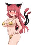  1girl :d alternate_hairstyle animal_ears bikini blush breasts cat_ears cat_tail chups hair_down highres kaenbyou_rin large_breasts long_hair multiple_tails navel open_mouth red_eyes red_hair smile solo sweat swimsuit tail touhou two_tails yellow_bikini 