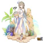  1girl bare_legs bare_shoulders benghuai_xueyuan bracelet breasts full_body hair_ornament holding honkai_(series) jewelry long_hair looking_at_viewer midriff official_art rita_rossweisse sandals smile snake solo source_request 