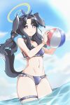  1girl absurdres animal_ears ball bangs bare_arms bare_legs bare_shoulders beachball bikini black_hair blue_archive blue_bikini blue_sky blush breasts choker cloud day dog_ears dog_girl dog_tail fishnets frilled_bikini frills groin hair_ornament halo hibiki_(blue_archive) highres holding holding_ball horizon long_hair looking_at_viewer medium_breasts navel ocean outdoors purple_eyes sky smile solo swimsuit tail thigh_strap thighs twintails uuronhai wading water 