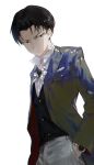  1boy absurdres black_eyes black_hair collared_shirt dino_(dinoartforame) formal highres jacket levi_(shingeki_no_kyojin) long_sleeves looking_at_viewer male_focus pants shingeki_no_kyojin shirt short_hair solo suit watch white_background 