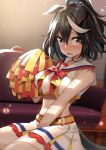  1girl animal_ears black_hair blush cheerleader hair_between_eyes highres holding holding_pom_poms horse_ears horse_girl horse_tail kitasan_black_(umamusume) looking_at_viewer midriff multicolored_hair nice_nature_(run&amp;win)_(umamusume) open_mouth pom_pom_(cheerleading) red_eyes sasanon_(sasapoliton) short_hair skirt solo streaked_hair tail tears umamusume white_hair white_skirt yellow_belt 