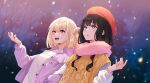  2girls :d bangs beret black_hair blonde_hair blush breasts hair_ornament hairclip hat highres inoue_takina long_hair lucferz lycoris_recoil multiple_girls nishikigi_chisato open_mouth orange_eyes purple_eyes scarf short_hair smile snowing sweater teeth 