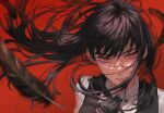  1girl am88121 bangs black_feathers black_hair blurry chainsaw_man close-up collared_shirt depth_of_field falling_feathers feathers floating_hair highres long_hair looking_at_viewer mitaka_asa neck_ribbon portrait red_background red_eyes ribbon ringed_eyes scar scar_on_cheek scar_on_face school_uniform serious shirt simple_background solo war_devil_(chainsaw_man) white_shirt 