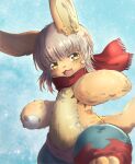  1other :3 absurdres androgynous brown_fur furry highres holding_snowball horizontal_pupils made_in_abyss nanachi_(made_in_abyss) neru5572_(onerumaster) open_mouth other_focus puffy_pants red_scarf scarf tail whiskers white_hair yellow_eyes 