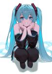  1girl absurdres bangs bare_shoulders black_thighhighs blue_eyes blue_hair boots detached_sleeves grin hatsune_miku highres long_hair looking_at_viewer smile solo squatting thigh_boots thighhighs twintails vertigris very_long_hair vocaloid white_background 