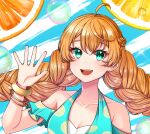  1girl :d ahoge bangle blue_eyes bracelet braid breasts bubble cleavage collarbone earrings food french_braid fruit jewelry lemon lemon_print lemon_slice long_hair orange_(fruit) orange_slice original smile stud_earrings twin_braids upper_body waving yuzu_yuzu5 