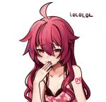  1girl ahoge bangs blush bra breasts camouflage camouflage_shirt cleavage drill_hair hair_down hair_flaps half-closed_eyes hand_on_own_face ianxy2 kasane_teto lace-trimmed_bra lace_trim laughing long_hair nail_polish pink_hair red_eyes shirt small_breasts smile solo tank_top underwear utau 