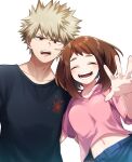  1boy 1girl :d ^_^ arm_around_back bakugou_katsuki black_shirt blonde_hair boku_no_hero_academia brown_eyes closed_eyes fuuka_(fu-haru) highres looking_at_viewer midriff_peek navel pink_shirt red_eyes shirt short_hair simple_background smile spiked_hair uraraka_ochako white_background 