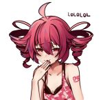  1girl ahoge bangs blush bra breasts camouflage camouflage_shirt cleavage drill_hair hair_flaps half-closed_eyes hand_on_own_face ianxy2 kasane_teto lace-trimmed_bra lace_trim laughing long_hair nail_polish pink_hair red_eyes shirt small_breasts smile solo tank_top twin_drills underwear utau 