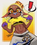  ! 1girl :d blonde_hair breasts clenched_hands colored_eyelashes colored_skin colored_tongue crop_top cross-shaped_pupils dark-skinned_female dark_skin earrings food food_on_head frye_(splatoon) gradient_hair gradient_skin groin isamu-ki_(yuuki) jewelry long_hair medium_breasts midriff multicolored_hair multicolored_skin multiple_earrings navel object_on_head open_mouth pink_skin pointy_ears poncho purple_hair purple_skin purple_tongue see-through sleeveless smile solo speech_bubble splatoon_(series) splatoon_3 spoken_exclamation_mark tempura tentacle_hair turtleneck turtleneck_crop_top yellow_crop_top yellow_eyes 