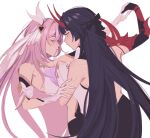  2girls black_hair bobaparfait elysia_(honkai_impact) hair_ornament hairclip hand_grab highres honkai_(series) honkai_impact_3rd horns long_hair multiple_girls pink_hair raiden_mei raiden_mei_(herrscher_of_thunder) red_horns white_background yuri 