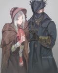  1boy 1girl ascot bloodborne blue_eyes bonnet cloak closed_eyes coat doll doll_joints dress from_software gloves grey_background guri_otoko hat heart heart_hands highres hunter_(bloodborne) joints looking_at_viewer mask mouth_mask plain_doll short_hair thumbs_up tricorne white_hair 
