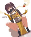  1girl animification apex_legends bangs brown_eyes brown_hair cable caustic_(apex_legends) character_name cigarette gas_mask genderswap genderswap_(mtf) gloves hazmat_suit head_tilt highres holding holding_cigarette looking_to_the_side mask pelvic_curtain ririo_(mitsumatario) sidelocks smoking solo squatting twintails white_background yellow_gloves 