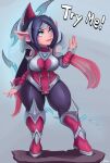  2022 absurd_res blue_eyes blue_hair breasts clothed clothing cranihum dialogue english_text female hair hi_res humanoid humanoid_pointy_ears irelia_(lol) league_of_legends not_furry open_mouth open_smile riot_games simple_background smile solo text video_games yordle 