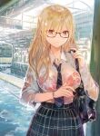  1girl blonde_hair breasts closed_mouth collarbone glasses holding large_breasts long_hair looking_at_viewer necktie original rain red_eyes rioka_(southern_blue_sky) school_uniform see-through shirt skirt solo wet wet_clothes wet_hair wet_shirt 