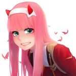  1girl absurdres bangs bug butterfly coat darling_in_the_franxx demon_horns green_eyes hairband highres horns long_hair looking_at_viewer parted_lips pink_hair red_coat rotogaki sidelocks solo teeth uniform upper_body white_background white_hairband zero_two_(darling_in_the_franxx) 