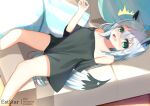  1girl ^^^ animal_ear_fluff animal_ears arm_behind_back aties20 bangs bare_shoulders black_shirt blush breasts couch feet_out_of_frame fox_ears fox_girl fox_tail green_eyes grey_hair hair_between_eyes hand_up hololive long_hair looking_at_viewer lying off-shoulder_shirt off_shoulder on_back on_couch open_mouth pillow shirakami_fubuki shirt short_sleeves small_breasts solo tail very_long_hair virtual_youtuber wavy_mouth wide_sleeves 