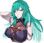  1girl absurdres blush breasts brown_eyes cleavage covered_nipples green_hair hair_ornament highres huge_breasts kitakouji_hisui long_hair looking_at_viewer nijisanji open_mouth riputon_(fsoudb87edujztp) simple_background solo upper_body very_long_hair virtual_youtuber white_background 