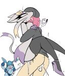  anthro being_watched blue_body bottomless breasts clothed clothing eeveelution female generation_4_pokemon generation_5_pokemon glaceon group hi_res human interspecies legwear looking_at_another mammal mienshao nelljoestar nintendo pokemon pokemon_(species) pokephilia tongue tongue_out trio video_games 