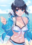  amamiya_chiharu bikini black_hair blue_eyes blue_sky breasts collarbone jacket looking_at_viewer medium_breasts navel ocean original outdoors short_hair sidelocks sky smile swimsuit zipper 