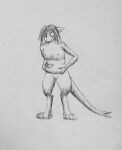  anthro belly belly_grab belly_overhang belly_rolls belly_squish big_eyes chubby_female cross-hatching female feral folded_ears forked_tail genitals graphite_(artwork) hair hatching_(art) hi_res imirok looking_down messy_hair navel nipples pussy shaded sketch slightly_chubby solo squish standing traditional_media_(artwork) unusual_anatomy unusual_tail 