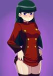  1girl bangs blunt_bangs blush boots buttons closed_mouth commentary_request cowboy_shot double-breasted green_hair hameneko jacket jacket_lift long_hair long_sleeves looking_at_viewer pokemon pokemon_(anime) pokemon_(classic_anime) purple_background purple_eyes red_jacket sabrina_(pokemon) shiny shiny_skin solo thigh_boots 