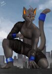  anthro barefoot black_body black_fur building city cityscape claws clothed clothing feet felid feline felis fur hi_res humanoid_feet macro male mammal micro orange_eyes paws soles solo solutionwcs 