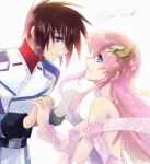  1boy 1girl blue_eyes breasts brown_hair closed_mouth couple dress eye_contact floating_hair gundam gundam_seed hair_ornament hetero highres holding_hands interlocked_fingers jacket kira_yamato long_hair looking_at_another medium_breasts military military_uniform pink_dress pink_hair profile purple_eyes shiny shiny_hair short_hair sideboob sketch smile strapless strapless_dress turtleneck twitter_username uniform white_background white_jacket yuuka_seisen 