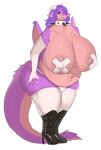  absurd_res anthro areola belly big_breasts breasts clothing collar curvy_figure dragon female footwear hair hand_on_leg hand_on_thigh hi_res high_heels horn huge_breasts kinkopia long_tail looking_at_viewer navel nipple_outline overweight overweight_anthro overweight_female panties pasties purple_hair simple_background solo spiked_collar spikes thick_thighs underwear voluptuous wings 