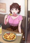  1girl absurdres ahoge booth_seating breasts brown_eyes brown_hair brown_skirt cleavage cowboy_shot cup drink drinking_straw eating eyelashes food hair_ribbon high-waist_skirt highres holding holding_spoon jun_(seojh1029) looking_at_viewer medium_breasts miniskirt omurice open_mouth original pink_shirt plate red_ribbon restaurant ribbon shirt shirt_tucked_in short_hair short_sleeves sitting skirt solo spoon table towel twintails v-neck weibo_logo weibo_username 