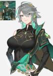  1girl absurdres al-haitham_(genshin_impact) bangs breasts closed_mouth covered_navel genderswap genderswap_(mtf) genshin_impact green_eyes grey_hair highres large_breasts looking_at_viewer multicolored_hair reference_inset shoulder_cape sketch solo standing toned two-tone_hair vision_(genshin_impact) waterswing 