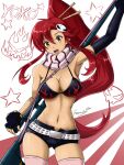  1girl anti-materiel_rifle belt bikini bikini_top_only breasts fgsketch flame_print gun hair_ornament highres large_breasts long_hair ponytail red_hair rifle short_shorts shorts skull_hair_ornament sniper_rifle solo studded_belt swimsuit tengen_toppa_gurren_lagann very_long_hair weapon yoko_littner 