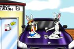  3:2 anthro blonde_hair car car_wash charlie_(charliebnnuy) charliebnnuy duo eyewear eyewear_on_head girly hair hi_res kneeling lagomorph leporid male male/male mammal outside rabbit soap suggestive sunglasses sunglasses_on_head sunny texi_(yitexity) vehicle white_body 